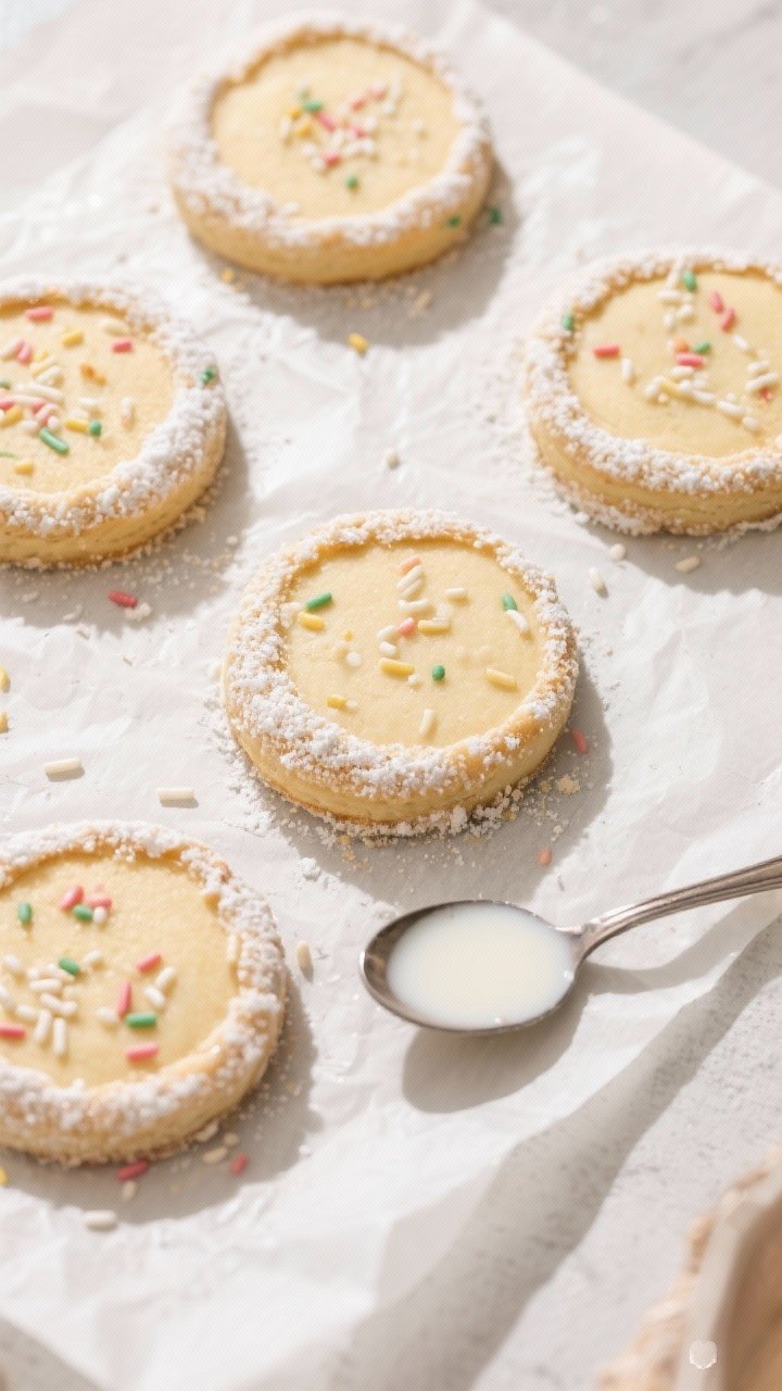 5 inch rounds on a parchment-lined sheet; sprinkles evenly dotted throughout, a light dusting of alm