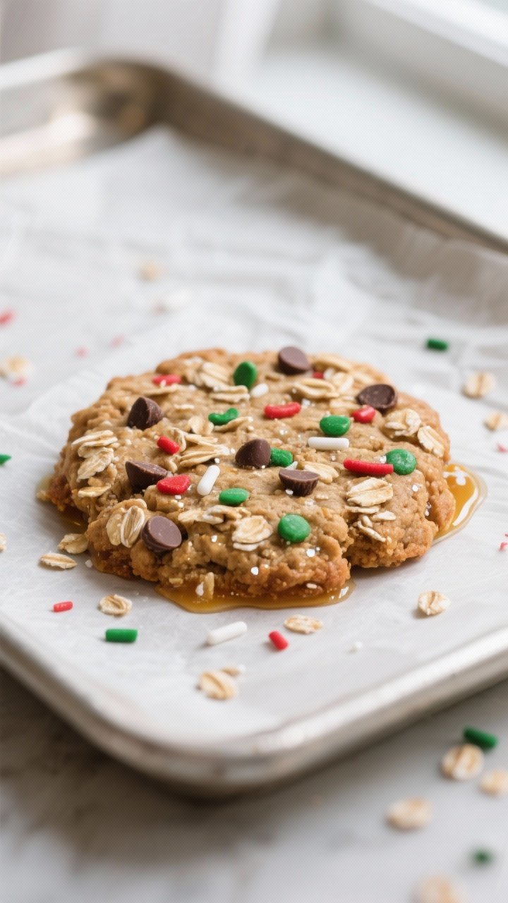 5 inch, with visible rolled oats, mini chocolate chips, and red-green-white jimmies embedded, faint 