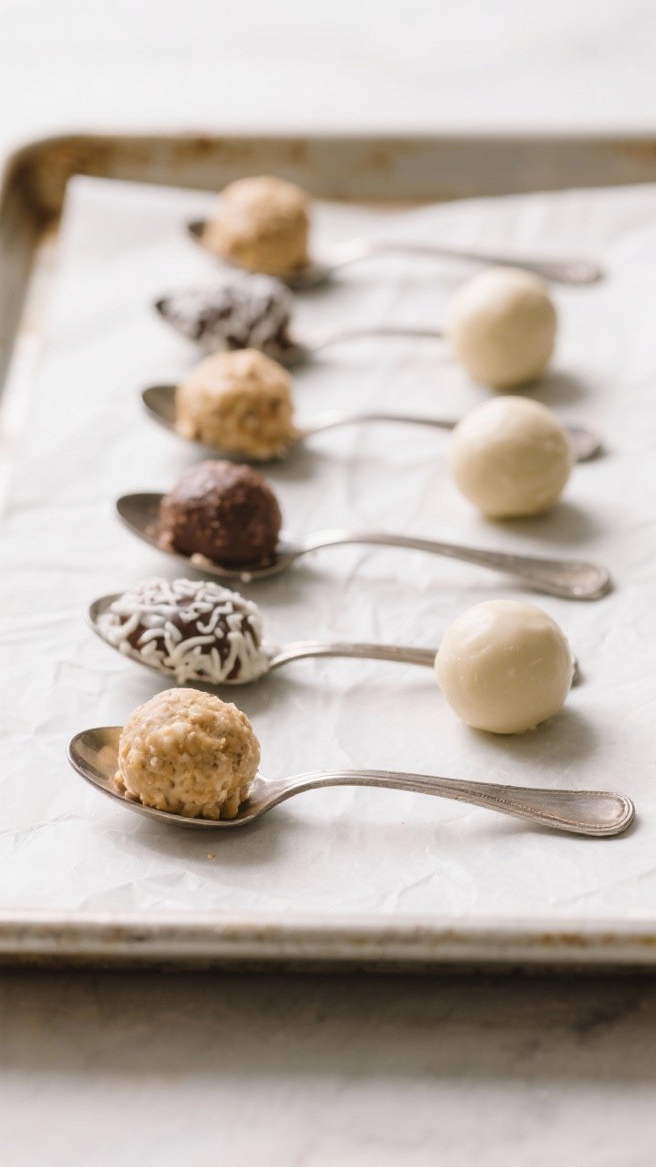 5 tablespoons each) lined up on parchment, some already rolled into smooth spheres. soft daylight, n