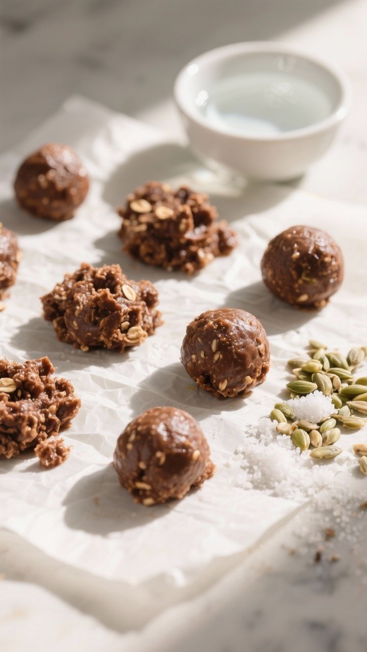 5 tablespoons) of the chocolatey oat-date mixture arranged on parchment, with a few already formed i