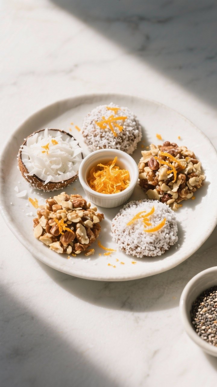 5 tbsp each), a mix of coatings—plain, coconut-dusted, and finely chopped nuts—with extra orange