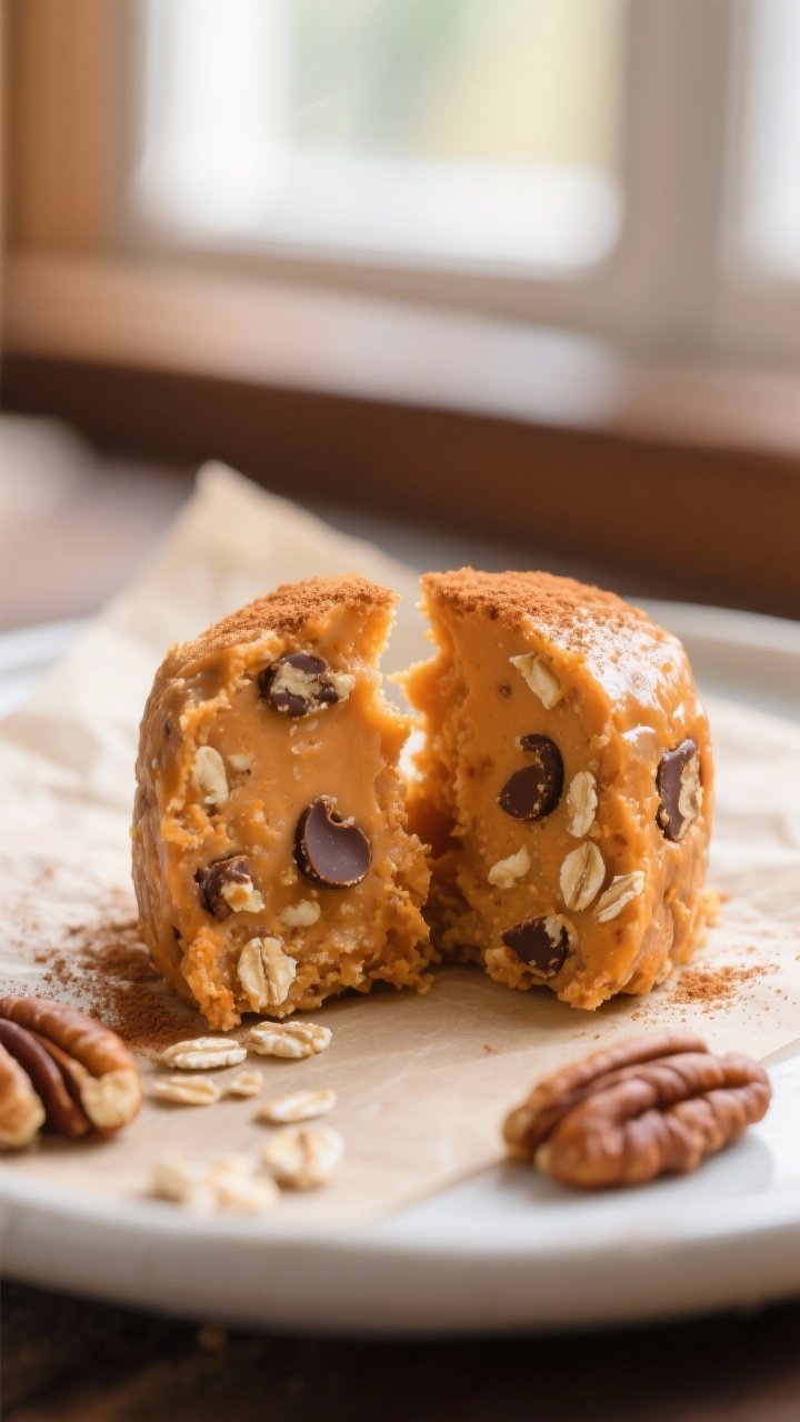 Close-up detail: A chilled pumpkin spice protein bite sliced open to reveal creamy, cohesive texture