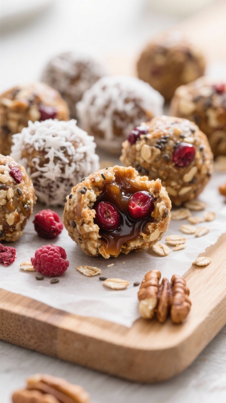 Close-up detail: A cluster of finished cranberry walnut energy balls on a parchment-lined board, one