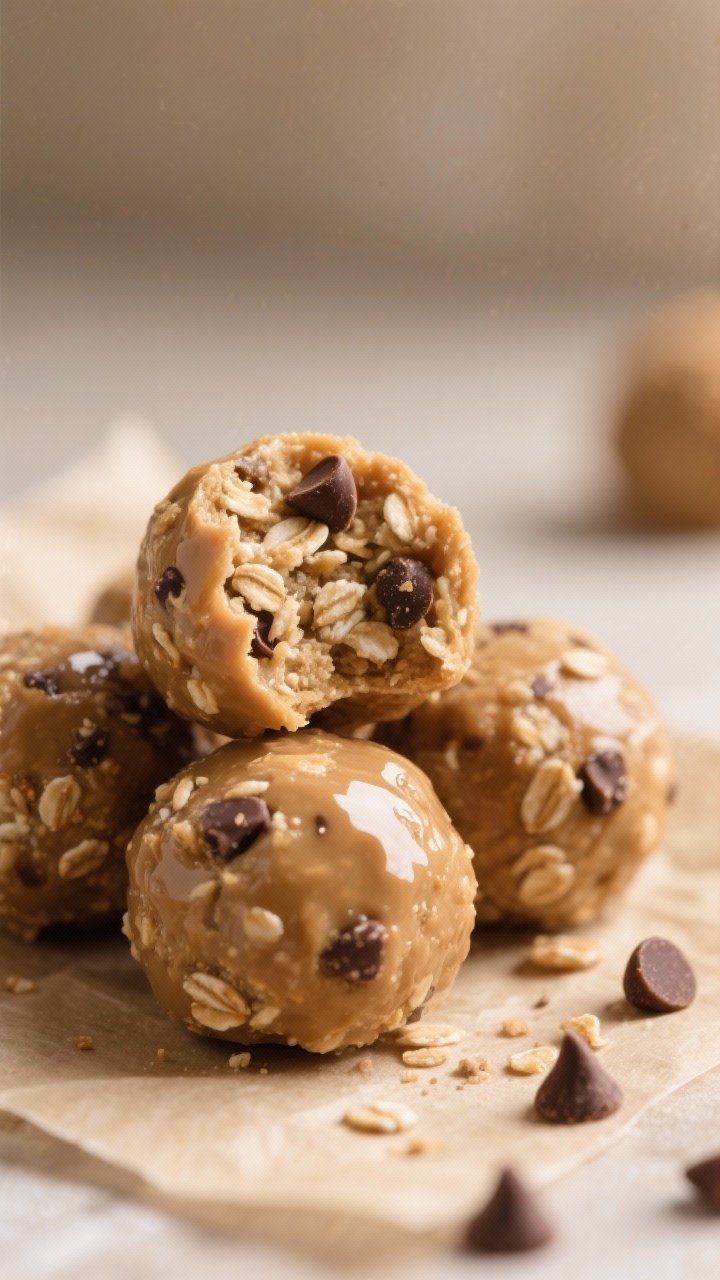 Close-up detail: A cluster of finished peanut butter protein balls on parchment, one bitten to revea