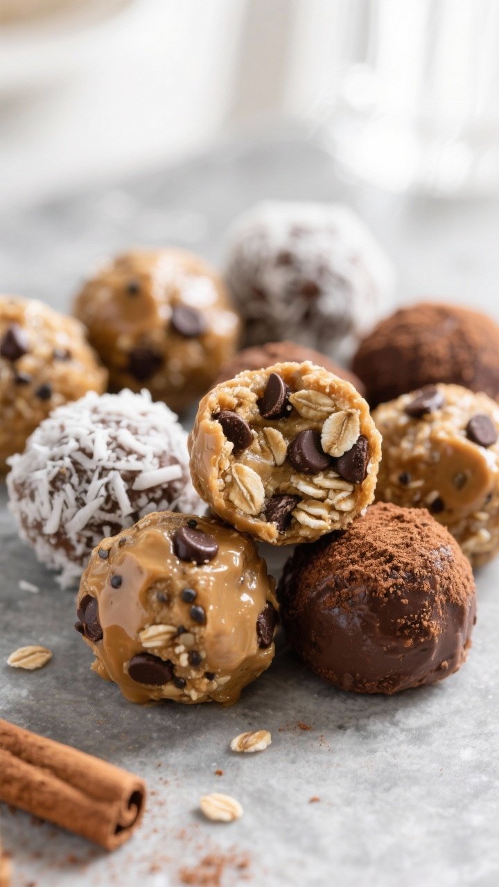 Close-up detail: A cluster of finished Toy Drive Energy Bites freshly chilled, one bite split open t