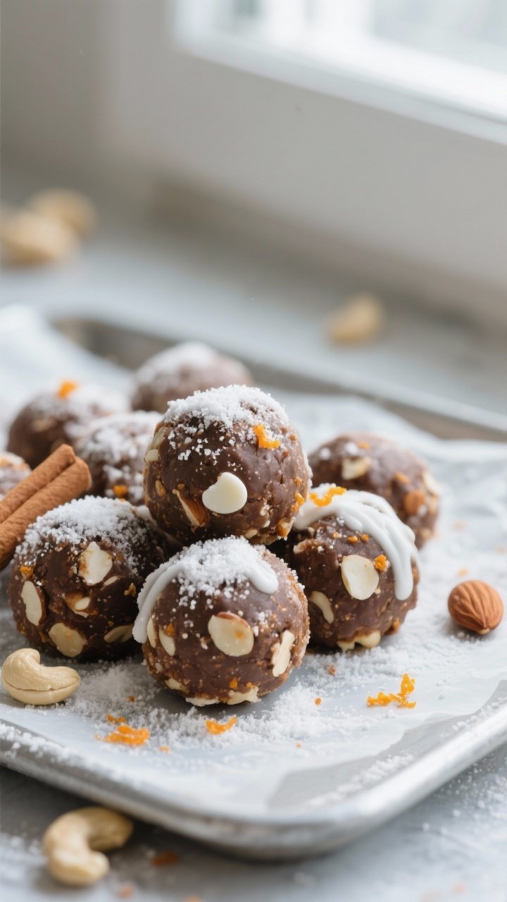 Close-up detail: A cluster of no-bake Holiday Cinnamon Roll Energy Bites just after rolling, with a 