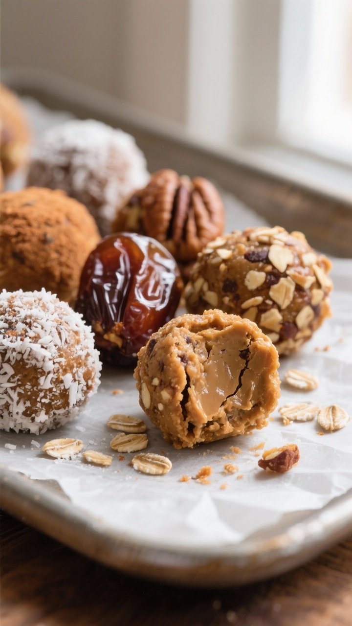 Close-up detail: A cluster of Thanksgiving Spice Mix Energy Bites just after rolling, with a few coa