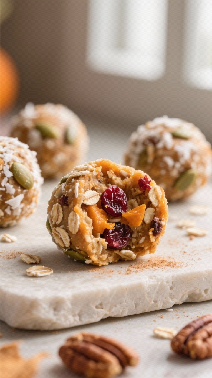 Close-up detail: A finished Harvest Blend Protein Ball split open on a neutral stone surface, reveal