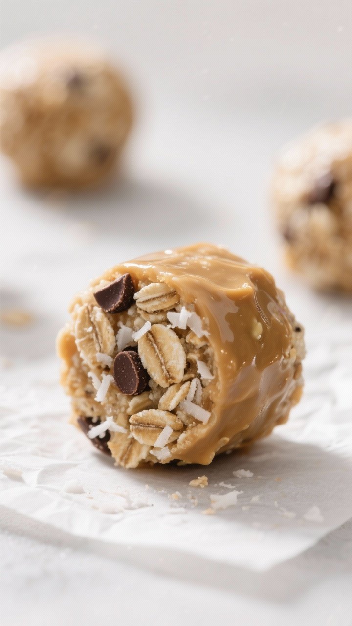 Close-up detail: A freshly rolled 1-inch Sustained Energy Bite resting on parchment, showing visible