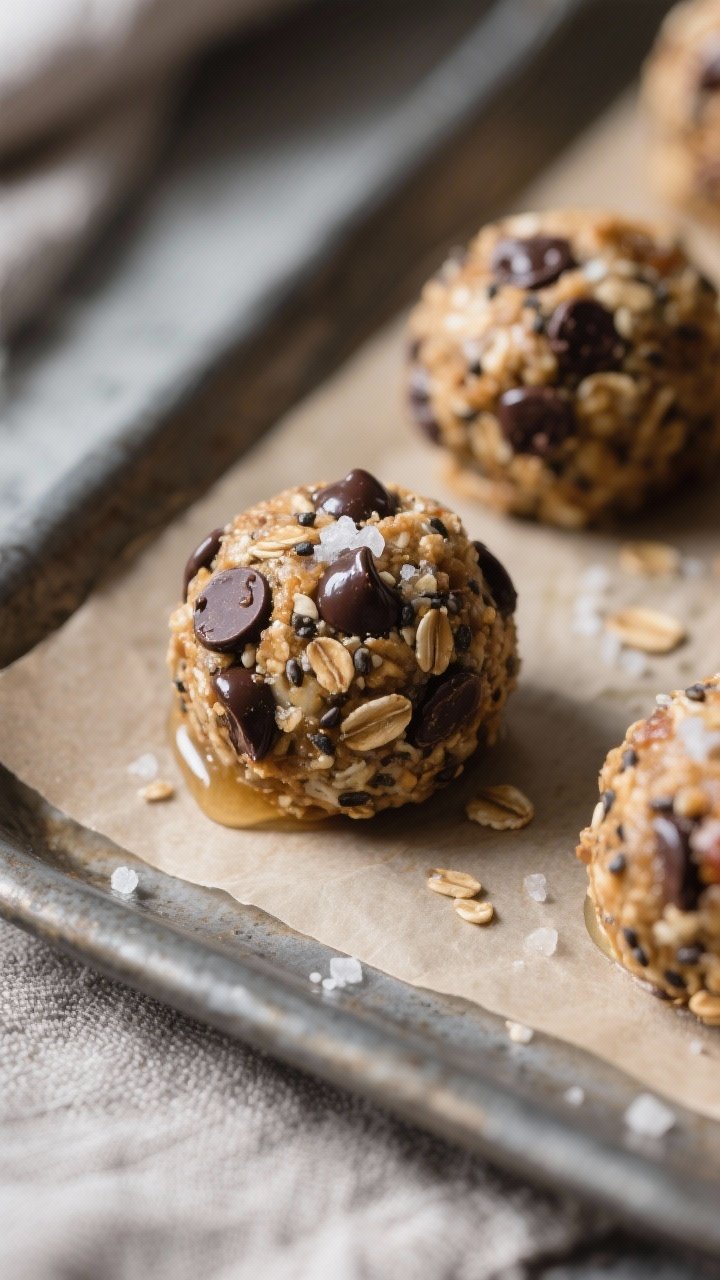 Close-up detail: A freshly rolled Hangry-Fix Energy Bite held on a parchment-lined tray among other 