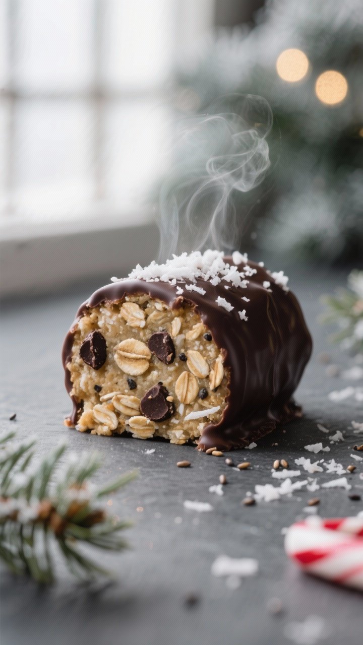Close-up detail: A freshly rolled Mistletoe Magic Energy Bite sliced open to show the soft, chewy in