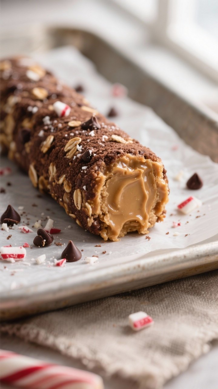 Close-up detail: A freshly rolled Polar Express Energy Bite held on a parchment-lined tray, surface 