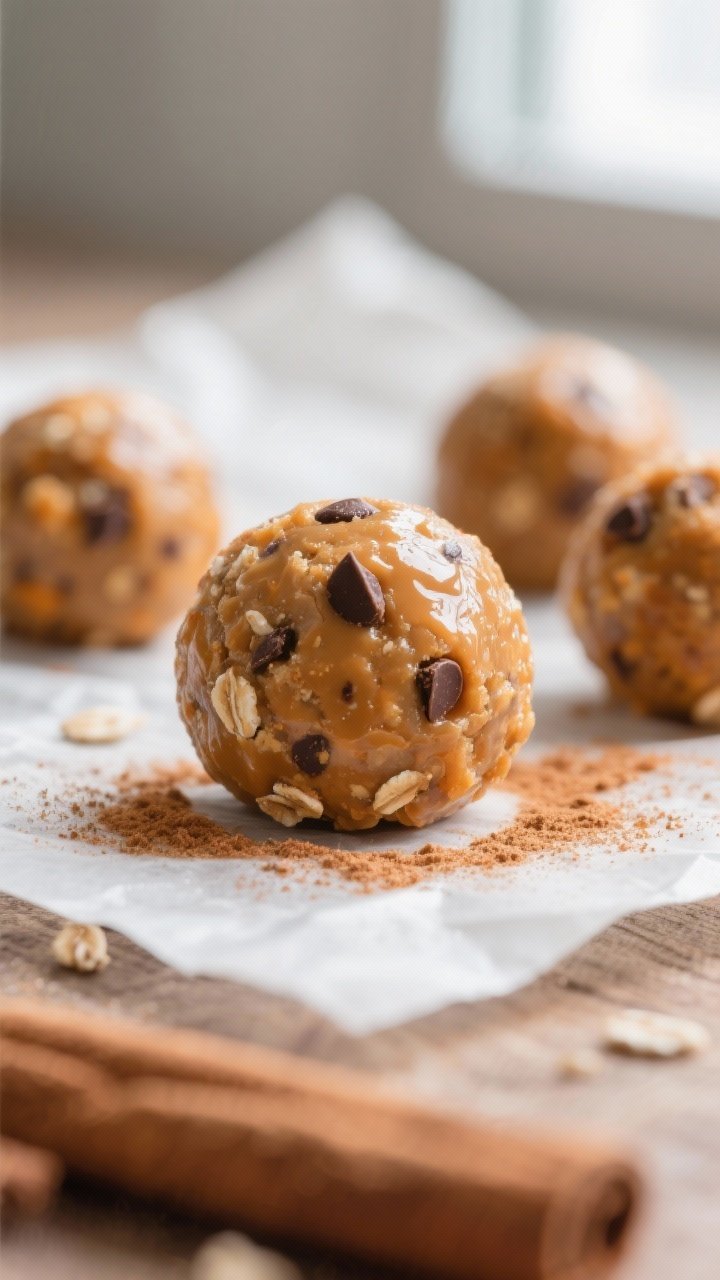 Close-up detail: A freshly rolled Pumpkin Spice Protein Ball, its soft, chewy texture visible with t