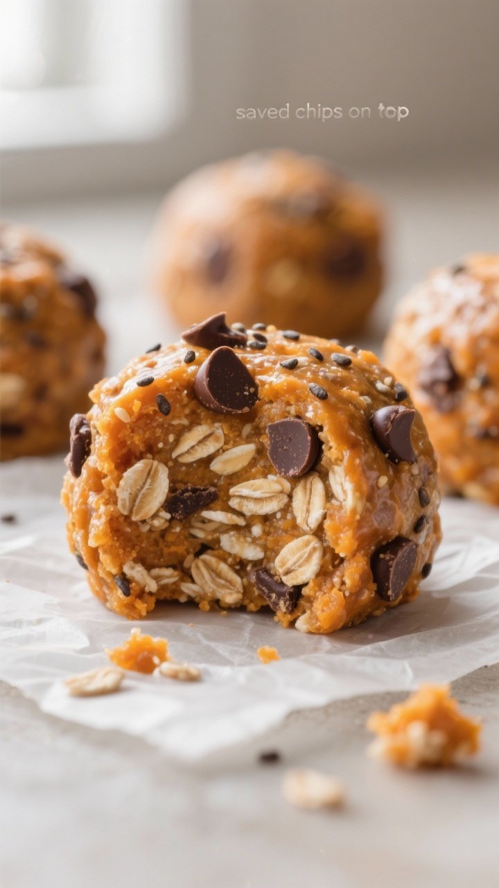 Close-up detail: A glossy, no-bake Pumpkin Chocolate Chip Protein Bite held together tightly, showin