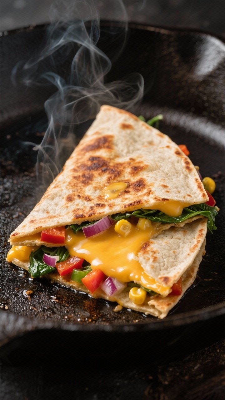 Close-up detail: A half-moon veggie grilled cheese quesadilla mid-cook in a cast-iron skillet, golde