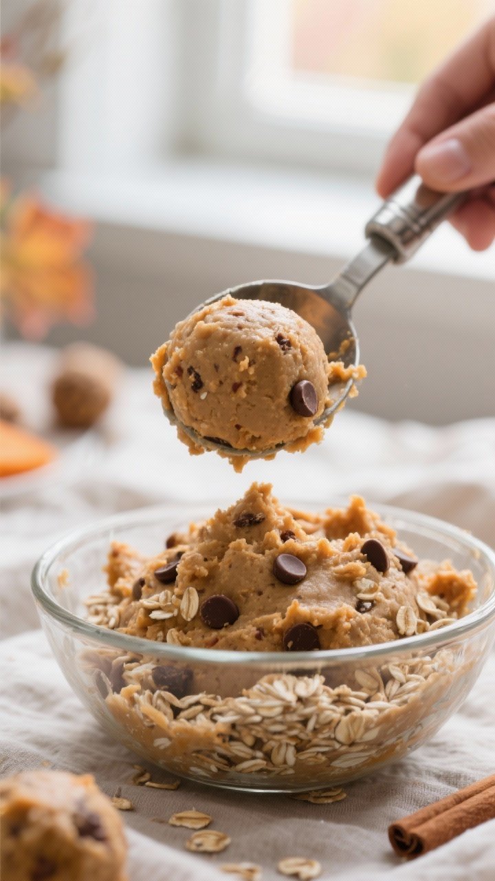 Close-up detail: A heaping bowl of chilled sweet potato pie energy ball “dough” being scooped wi