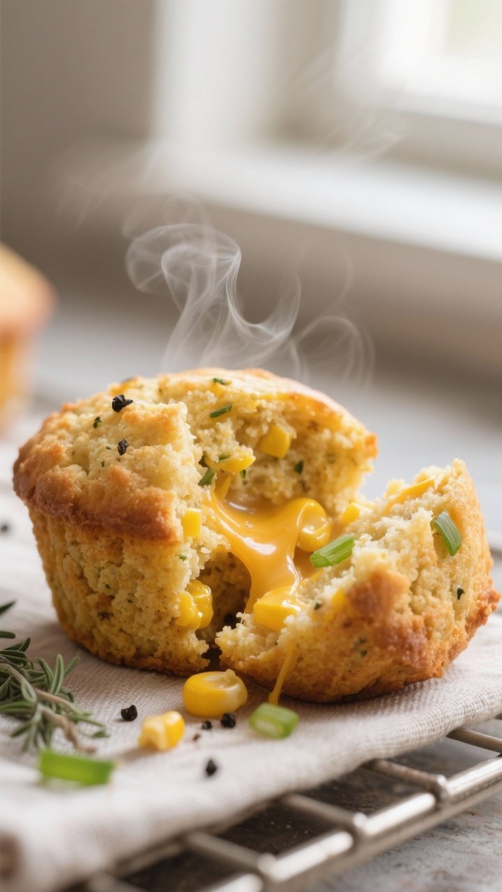 Close-up detail: A just-baked cornbread energy muffin torn open to reveal the moist, tender crumb wi