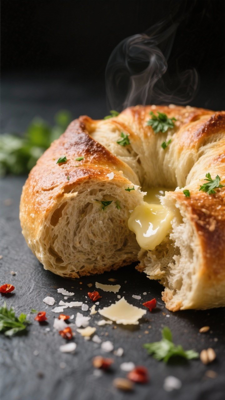 Close-up detail: A just-baked whole wheat garlic knot torn open to reveal a cloud-soft, steamy inter