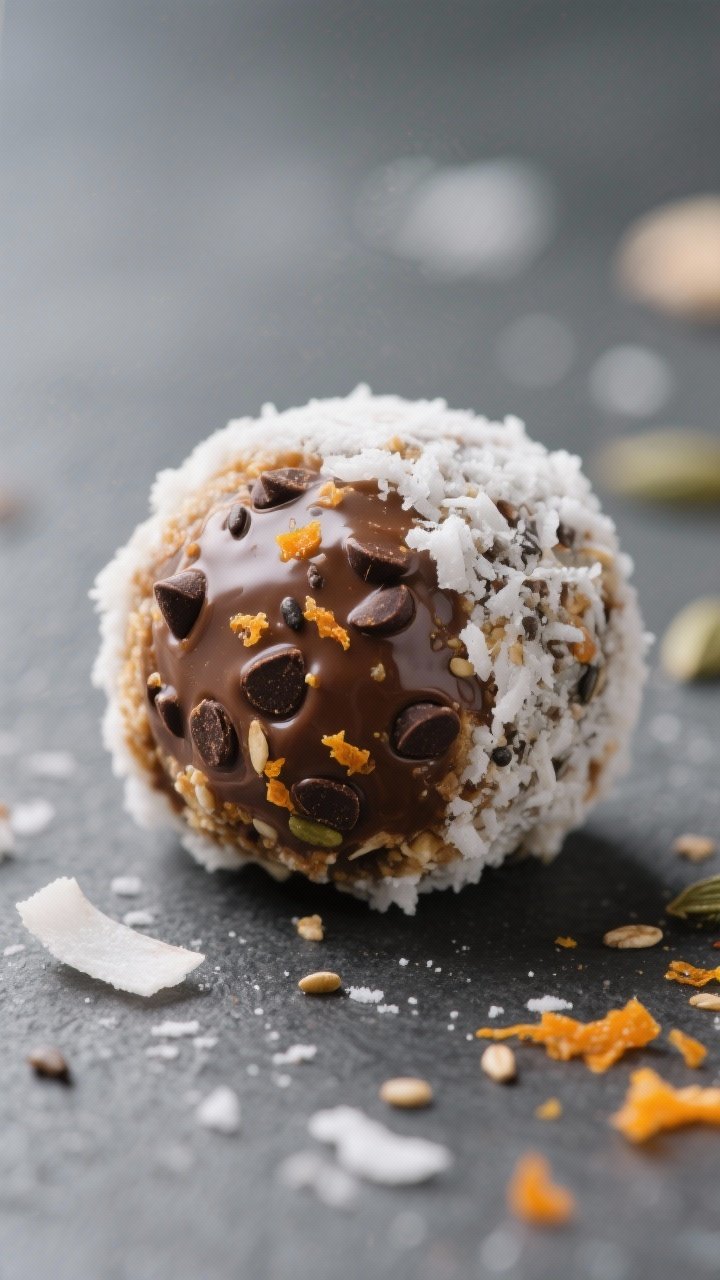 Close-up detail: A just-rolled Christmas Vacation Energy Bite with a glossy, fudgy surface dotted wi