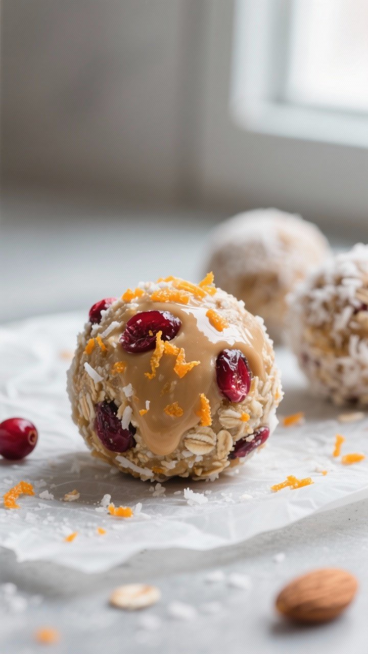 Close-up detail: A just-rolled Cranberry Orange Zest Energy Ball resting on parchment, its surface s