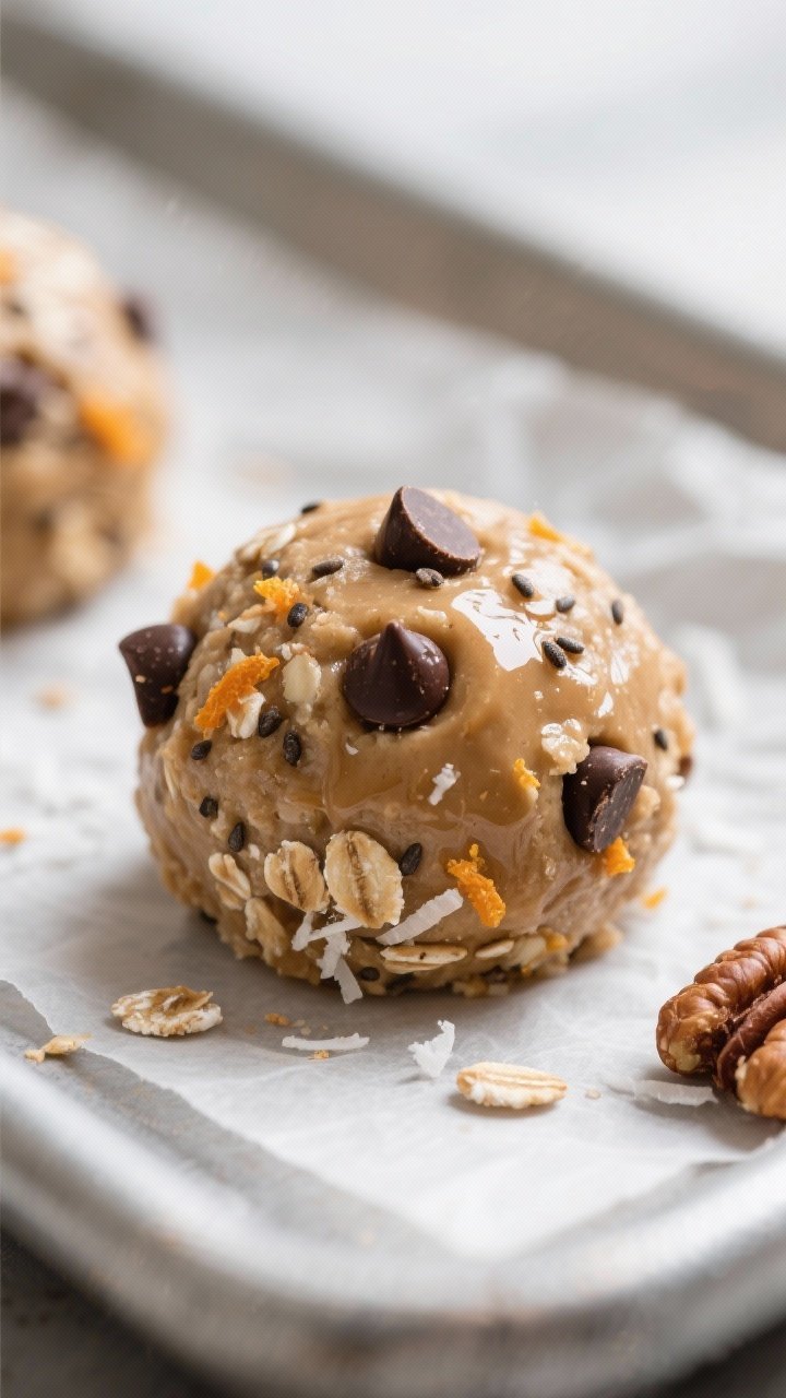 Close-up detail: A just-rolled Holiday Baking Day Protein Bite held shape on a parchment-lined tray,