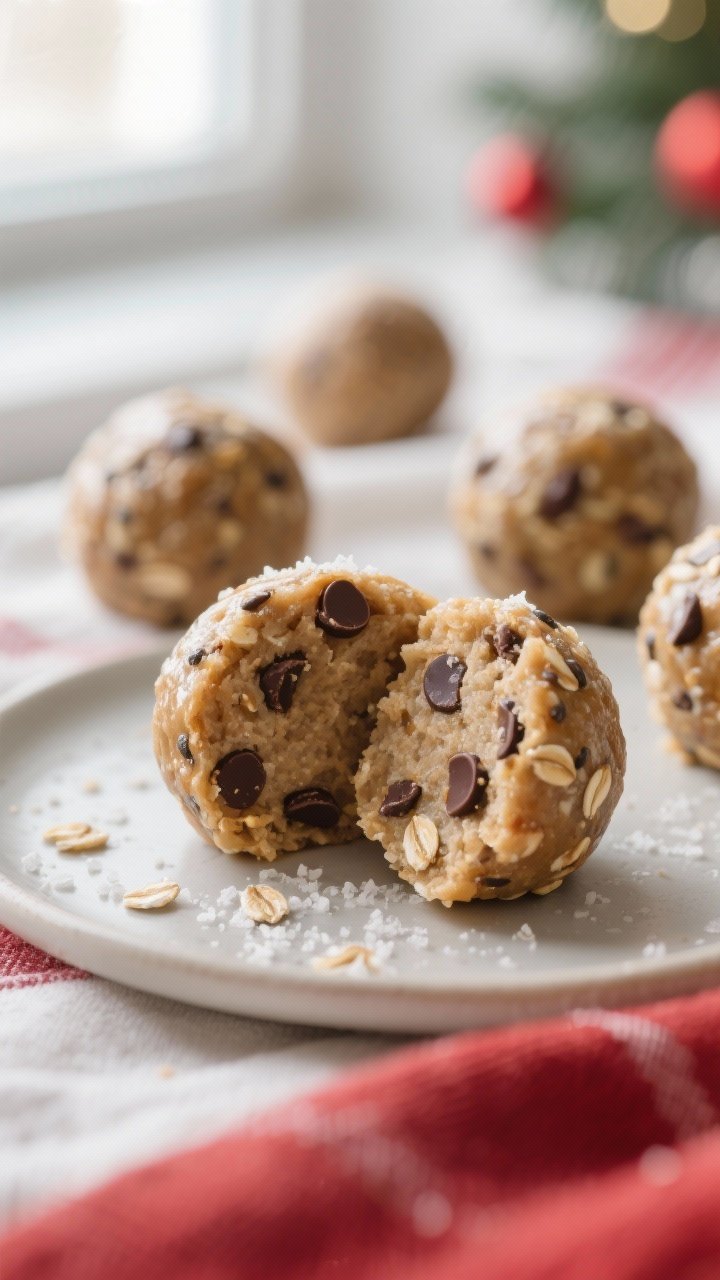 Close-up detail: A just-rolled protein ball sliced in half to reveal a soft, chewy center studded wi