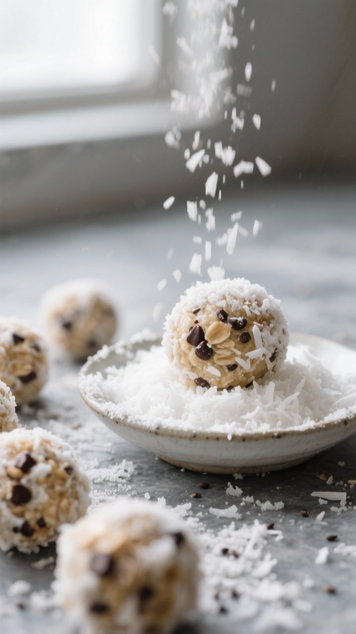 Close-up detail: A just-rolled Snowball Energy Bite being coated in a shallow dish of fine, unsweete