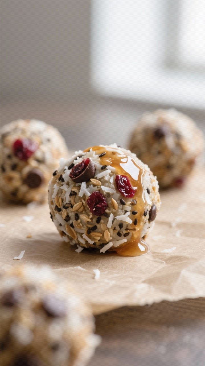 Close-up detail: A just-rolled Snowflake Energy Ball held together and glistening with maple-honey s