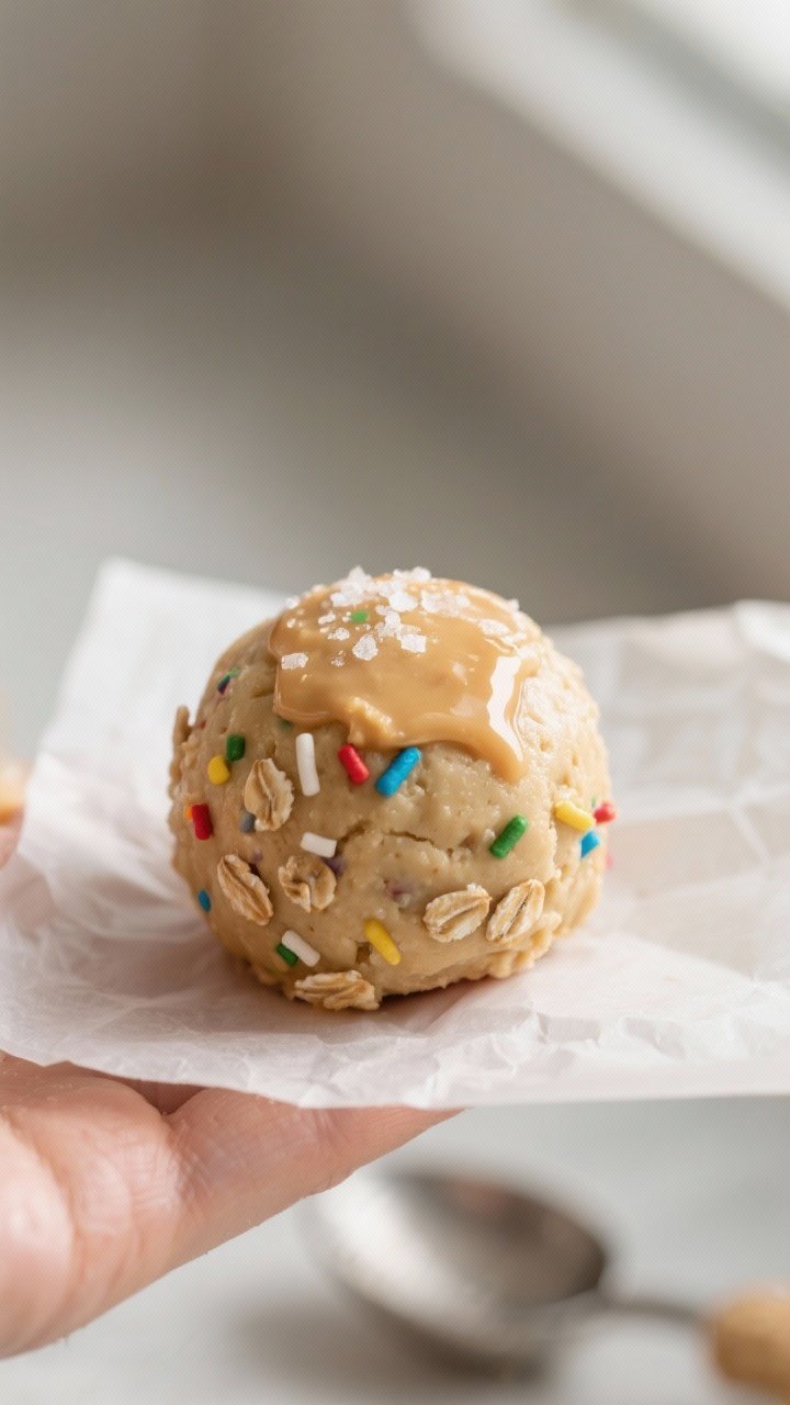 Close-up detail: A just-rolled Sugar Cookie Dough Energy Ball held on parchment, showing a soft, dou
