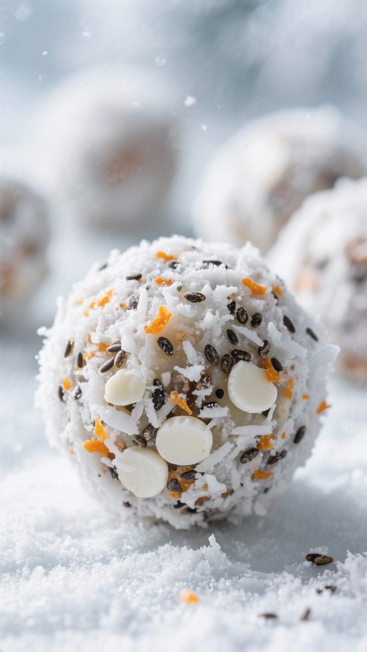 Close-up detail: A just-rolled Winter Wonderland Energy Ball coated in extra-fine shredded coconut, 