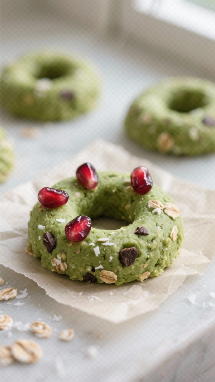 Close-up detail: A just-shaped green “wreath” energy ball ring resting on parchment, . The ring 