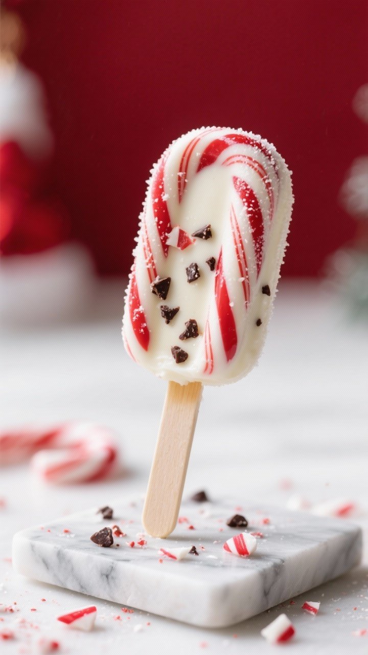Close-up detail: A just-unmolded Candy Cane Protein Pop held upright on a chilled marble slab, showi