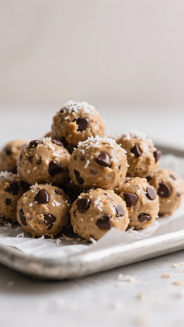Close-up detail: A mound of freshly rolled Chocolate Chip Cookie Dough Energy Balls on a parchment-l