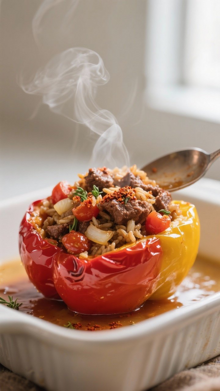 Close-up detail: A par-roasted red and yellow bell pepper being generously stuffed with a glossy, sa