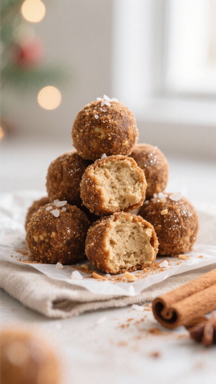 Close-up detail: A pyramid of finished Snickerdoodle Protein Bites, each ball fully coated in a cinn