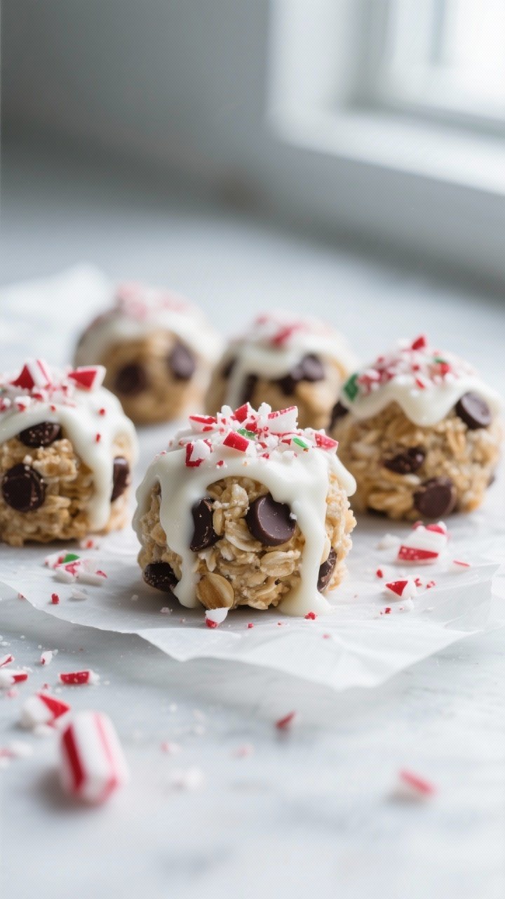 Close-up detail: A set of chilled peppermint bark protein bites on parchment, each bite with visible