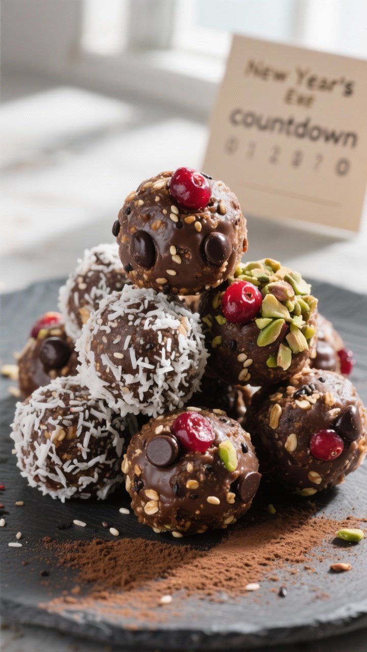 Close-up detail: A small pyramid of New Year’s Eve Countdown Energy Bites, freshly rolled and set,