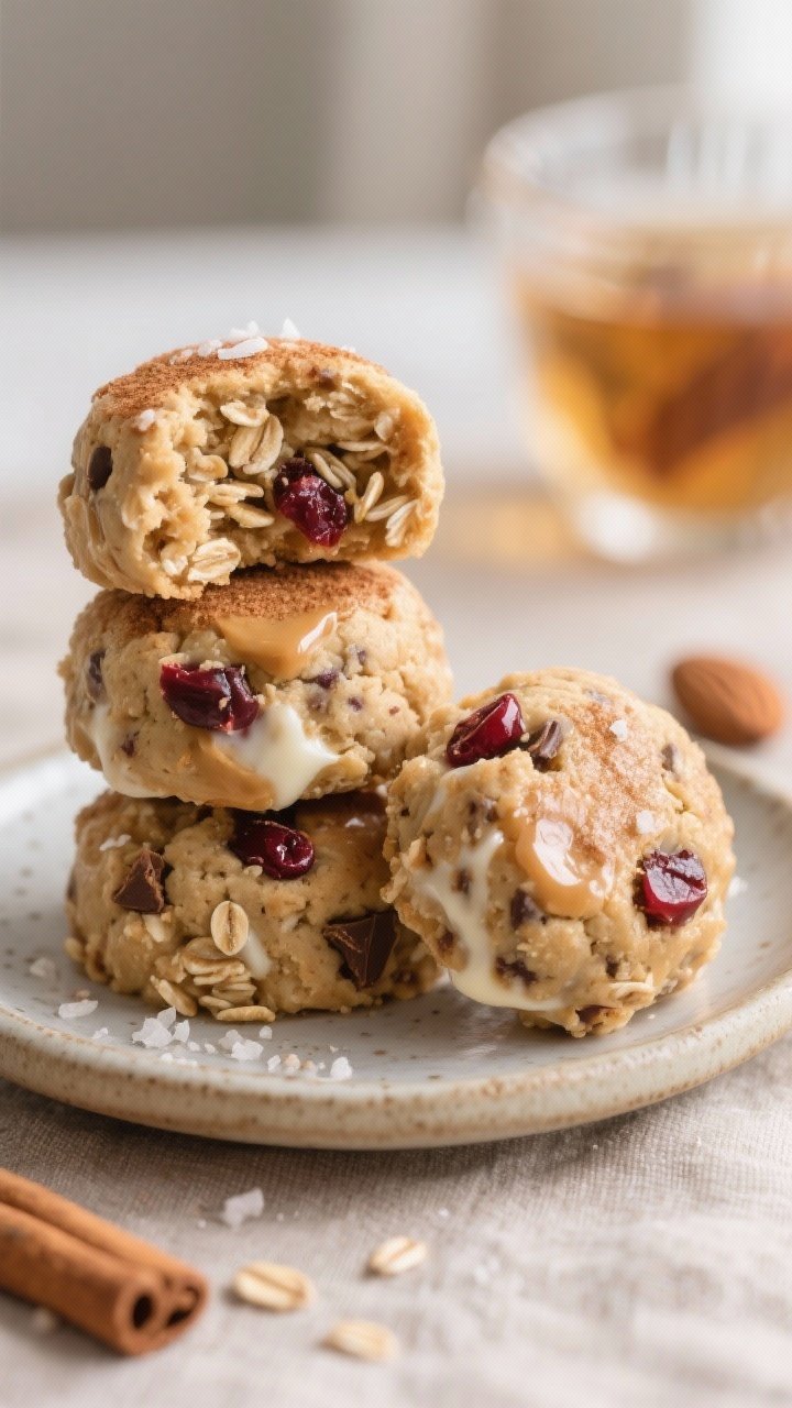 Close-up detail: A stack of 3 Bedtime Protein Bites on a small ceramic plate, one bite cut open to r