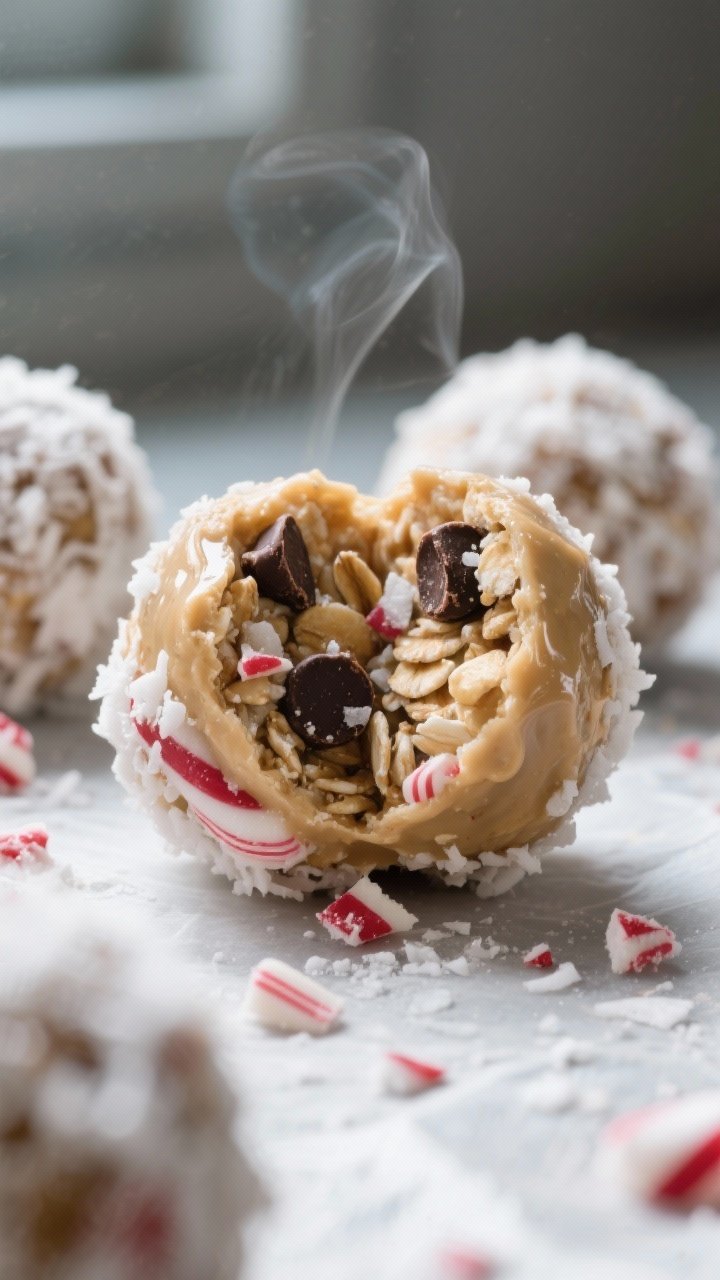 Close-up detail: A tight macro of finished Candy Cane Energy Balls, one split open to reveal chewy r