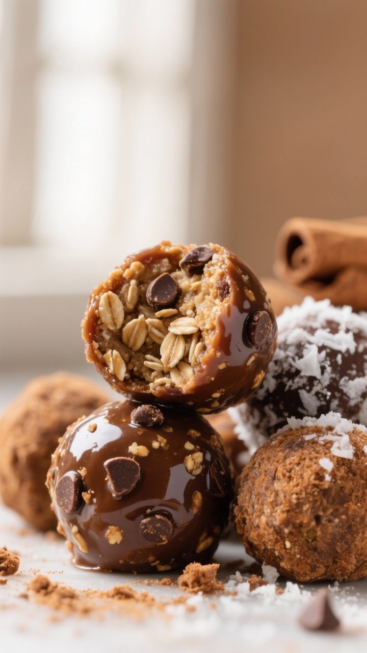 Close-up detail: A tight macro of finished Gingerbread Energy Bites just after rolling, showing glos