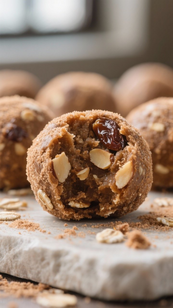 Close-up detail: A tight macro of freshly rolled gingerbread energy balls with a chewy, cookie-dough