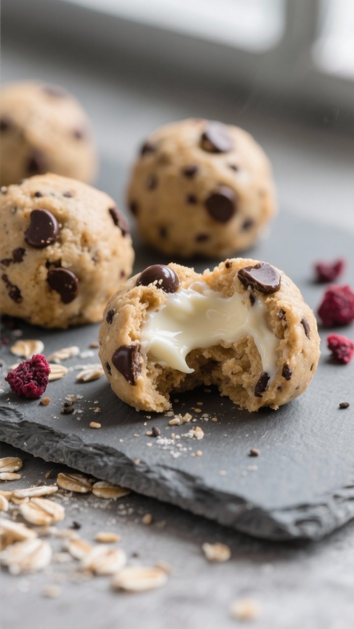Close-up detail: A tight macro of freshly rolled Gut-Healthy Protein Bites with mini dark chocolate 