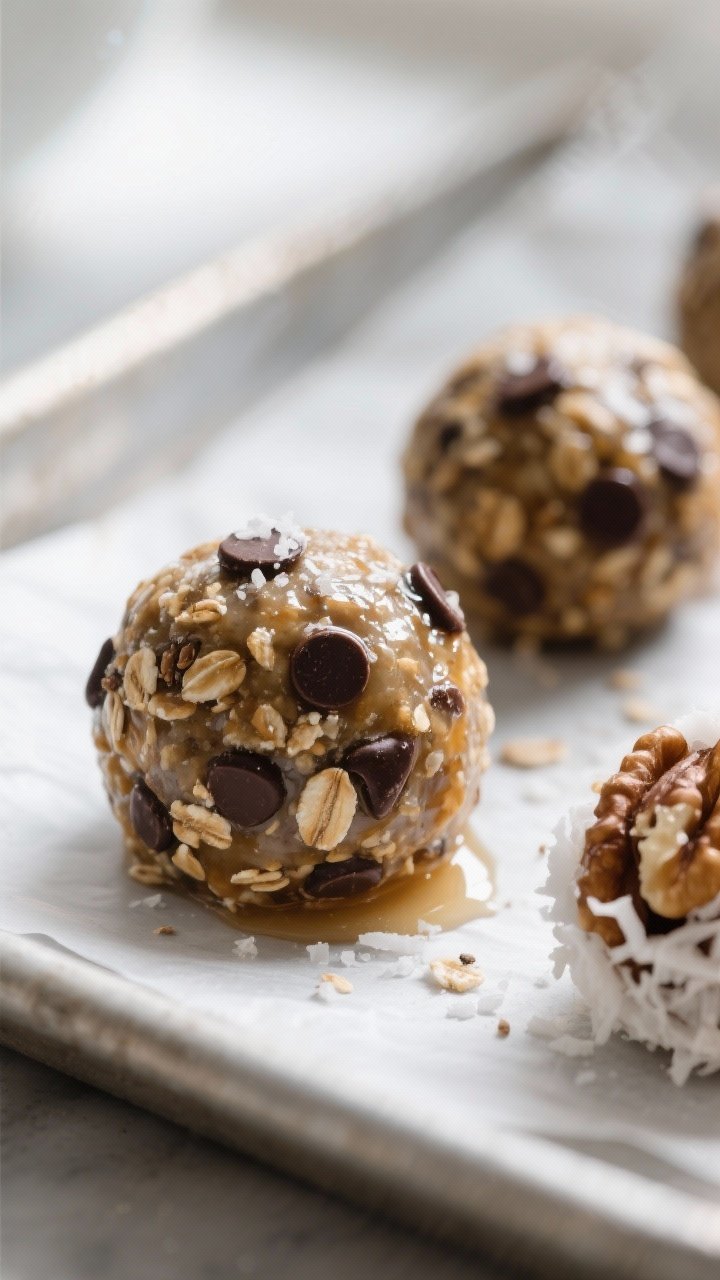 Close-up detail: A tight macro of freshly rolled one-bowl energy balls resting on a parchment-lined 