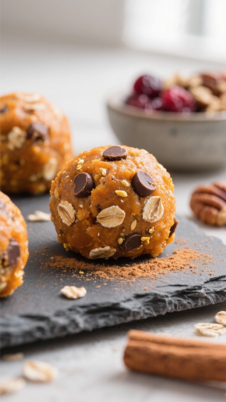 Close-up detail: A tight macro of rolled pumpkin energy bites freshly formed after chilling, showing