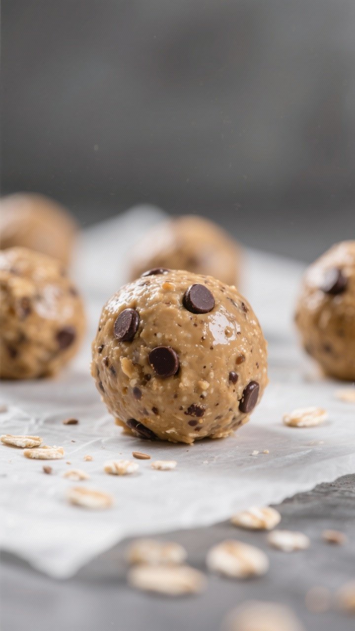 Close-up detail: A tight macro shot of finished no-bake energy balls being rolled smooth on a parchm