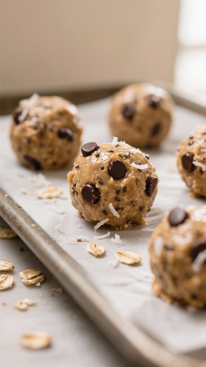 Close-up detail: A tight macro shot of freshly rolled 5-Minute Energy Balls on a parchment-lined tra