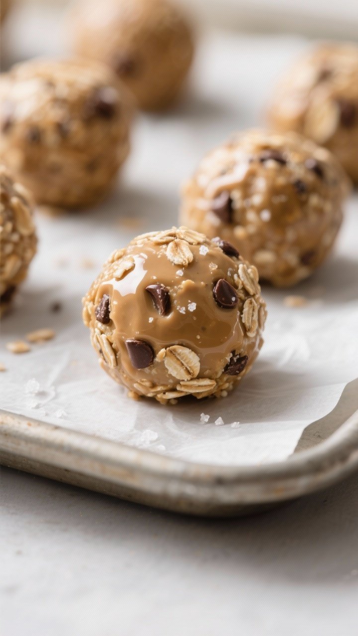 Close-up detail: A tight macro shot of freshly rolled Peanut Butter Oatmeal Energy Balls resting on 