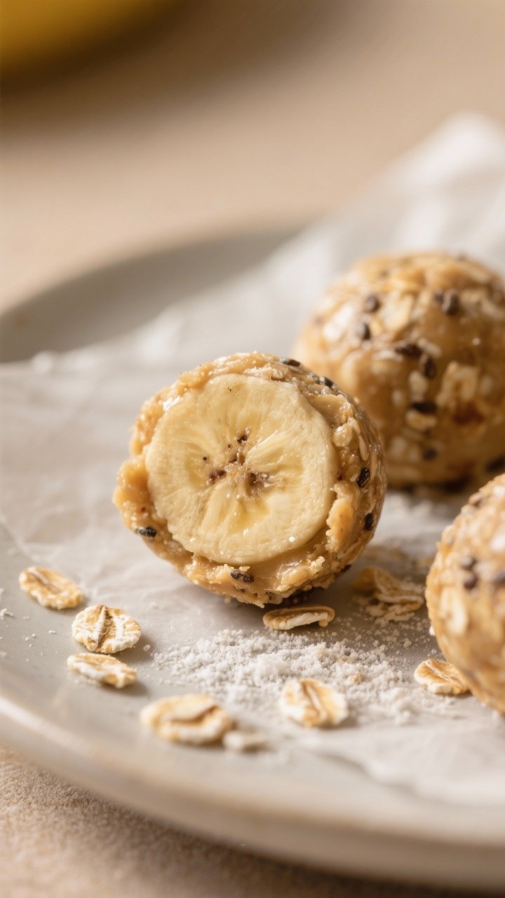 Close-up detail: A tight macro shot of freshly rolled Banana Oat Energy Bites resting on a parchment