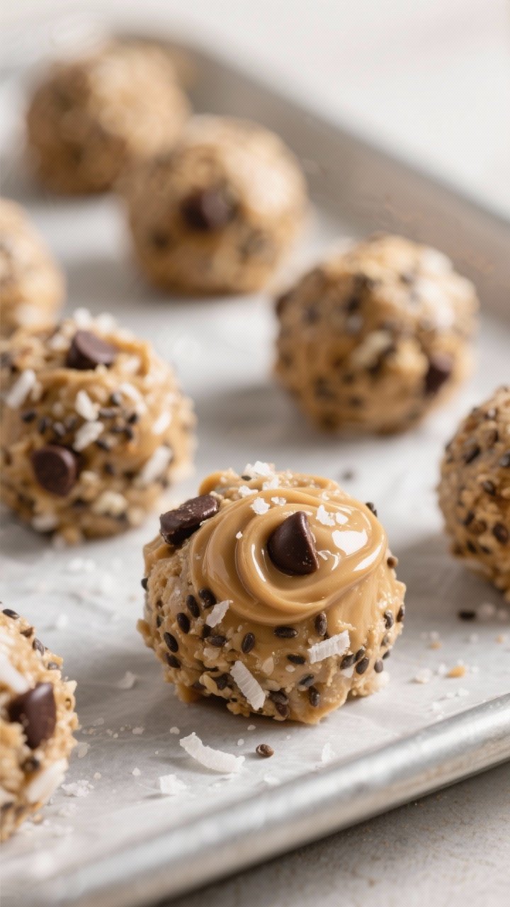 Close-up detail: A tight macro shot of freshly rolled After-School Energy Balls resting on a parchme