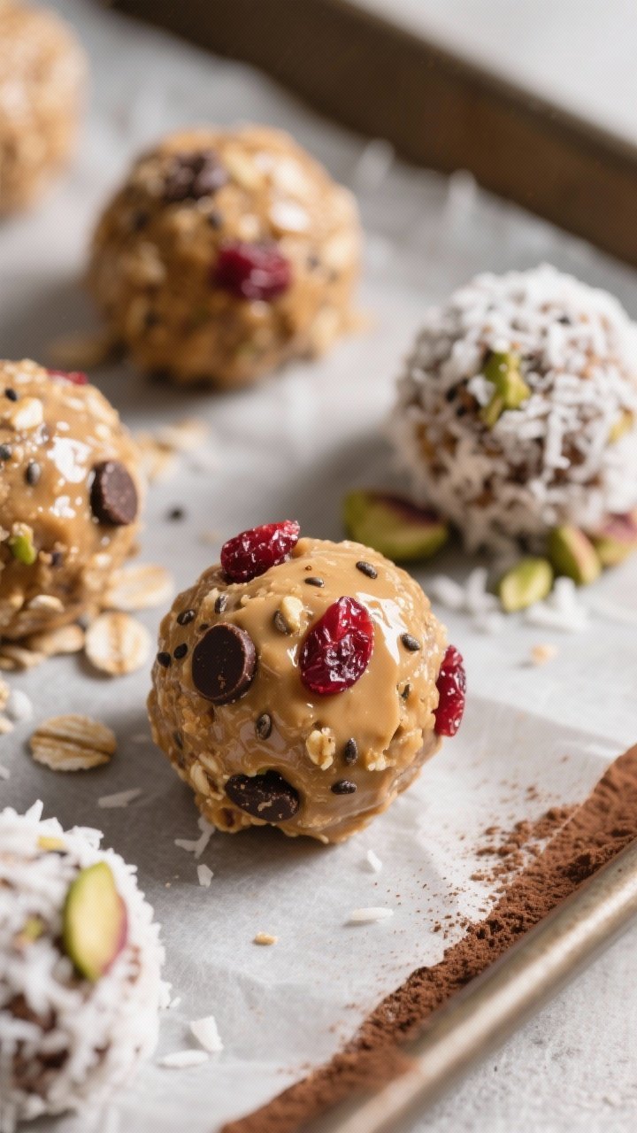 Close-up detail: A tight macro shot of freshly rolled Christmas Shopping Energy Balls, showing gloss
